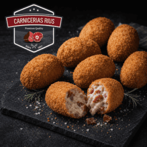 Croquetas de jamón gourmet sobre tabla negra.