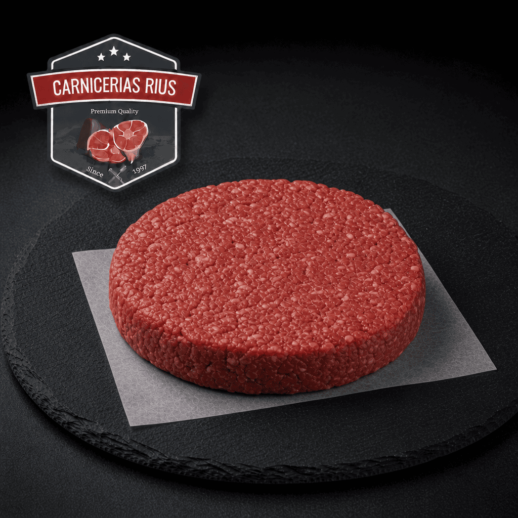 Hamburguesa de carne cruda en plato negro.