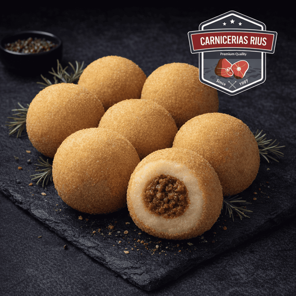 Croquetas rellenas en tabla negra, Carnicerías Rius.
