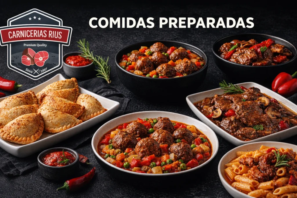 Variedad de comidas preparadas y carnes elaboradas