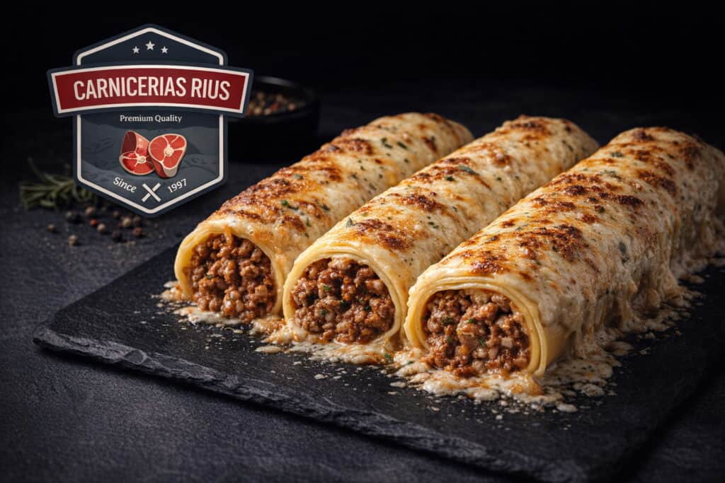 Canelones de carne con queso gratinado.
