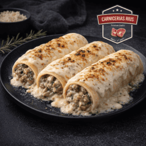 Canelones carne con bechamel gratinados en plato negro