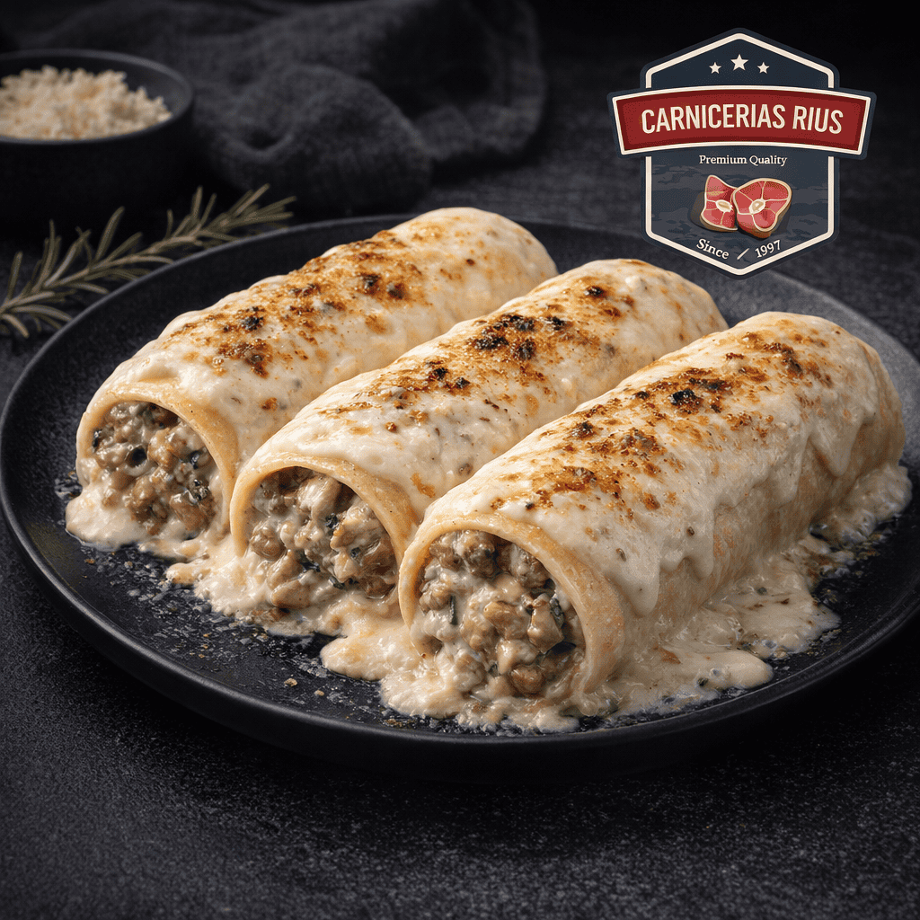 Canelones carne con bechamel gratinados en plato negro