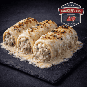 Canelones de carne gratinados con queso.