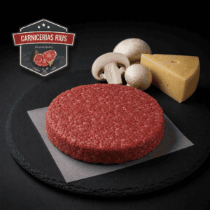 Hamburguesa carne, champiñones, queso, logo carnicería
