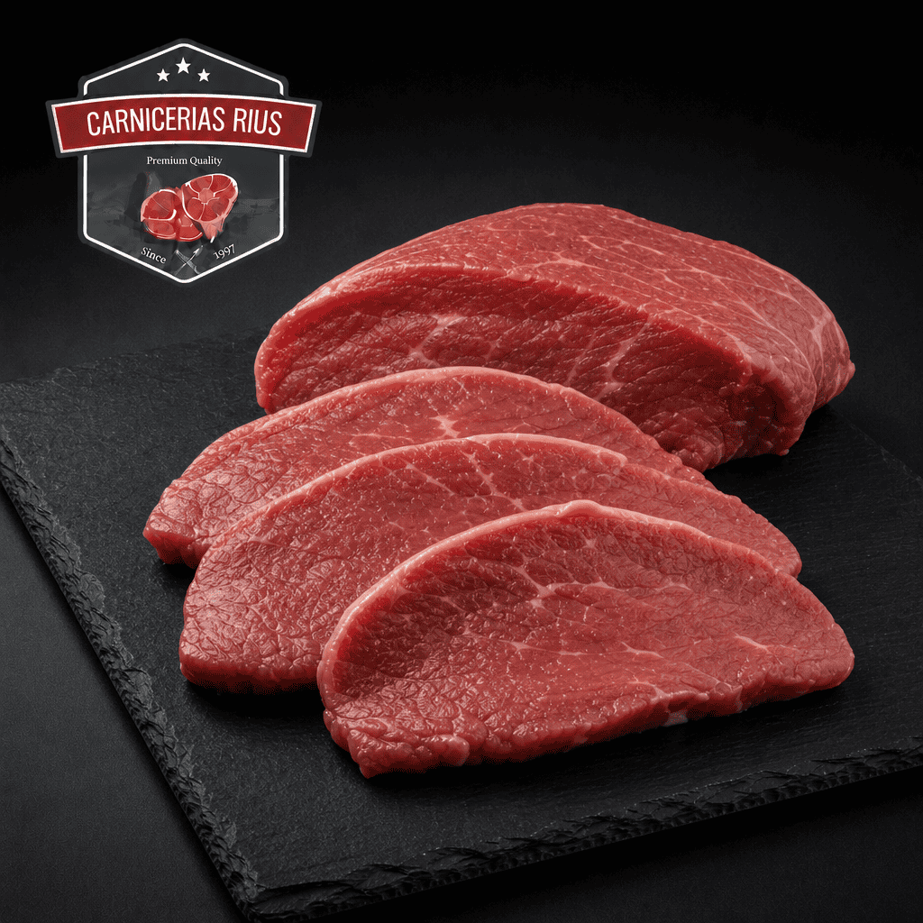 Carne roja en lonchas sobre pizarra negra.