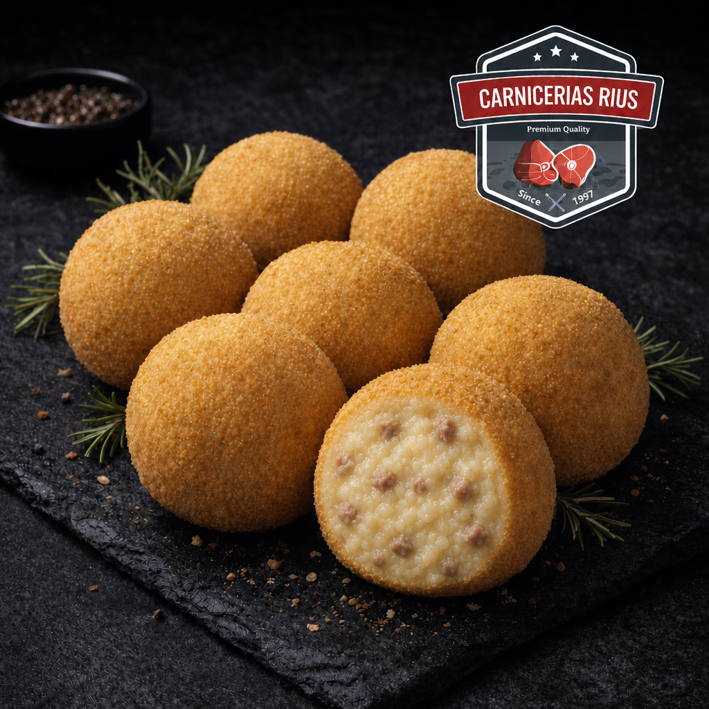 Croquetas gourmet sobre bandeja negra con logo Carnicerías Rius.