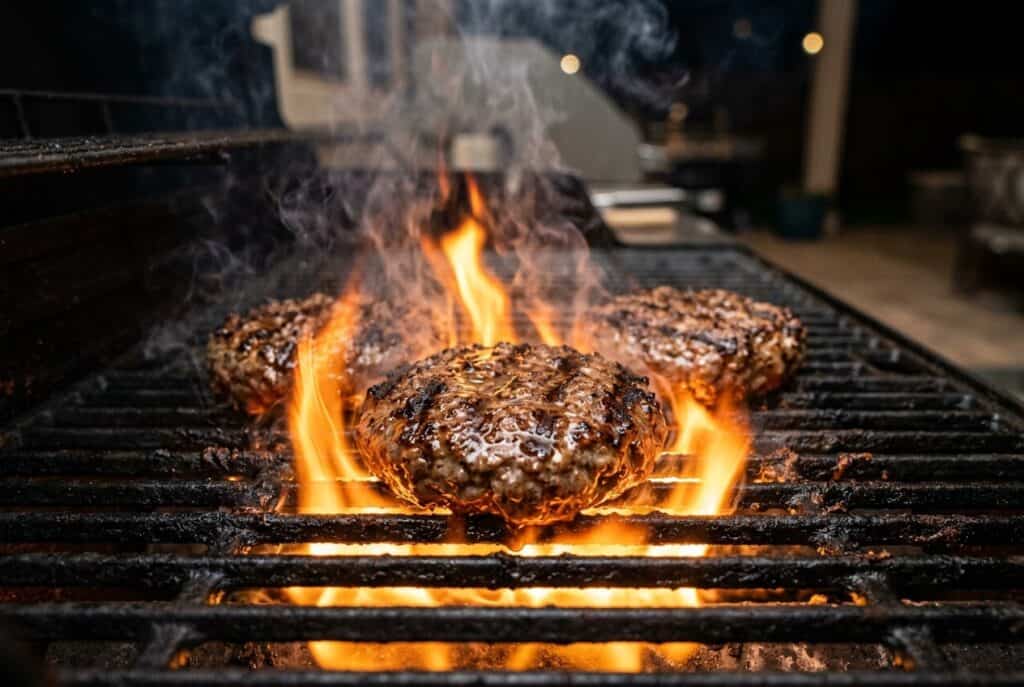 Hamburguesas caseras a la parrilla con marcas de brasa, perfectas para barbacoa de verano, de Carnicería Rius en Barcelona