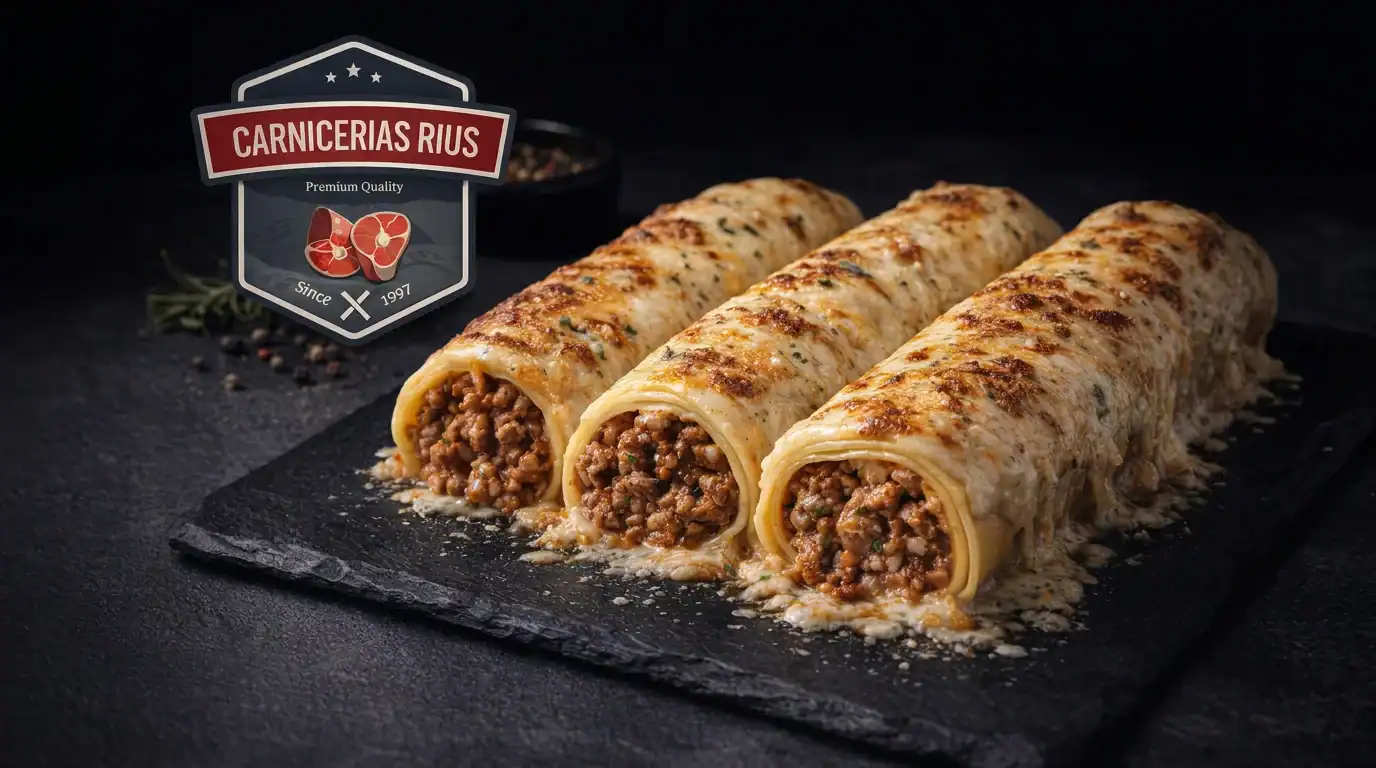 Bandeja de canelones de carne gratinados recién salidos del horno