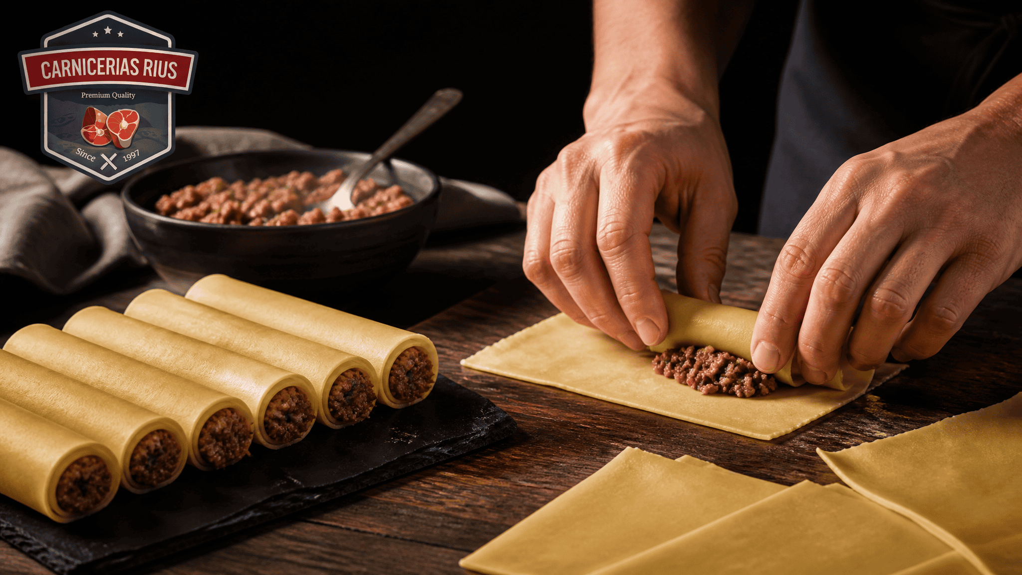 Proceso de enrollar canelones de carne rellenos a mano