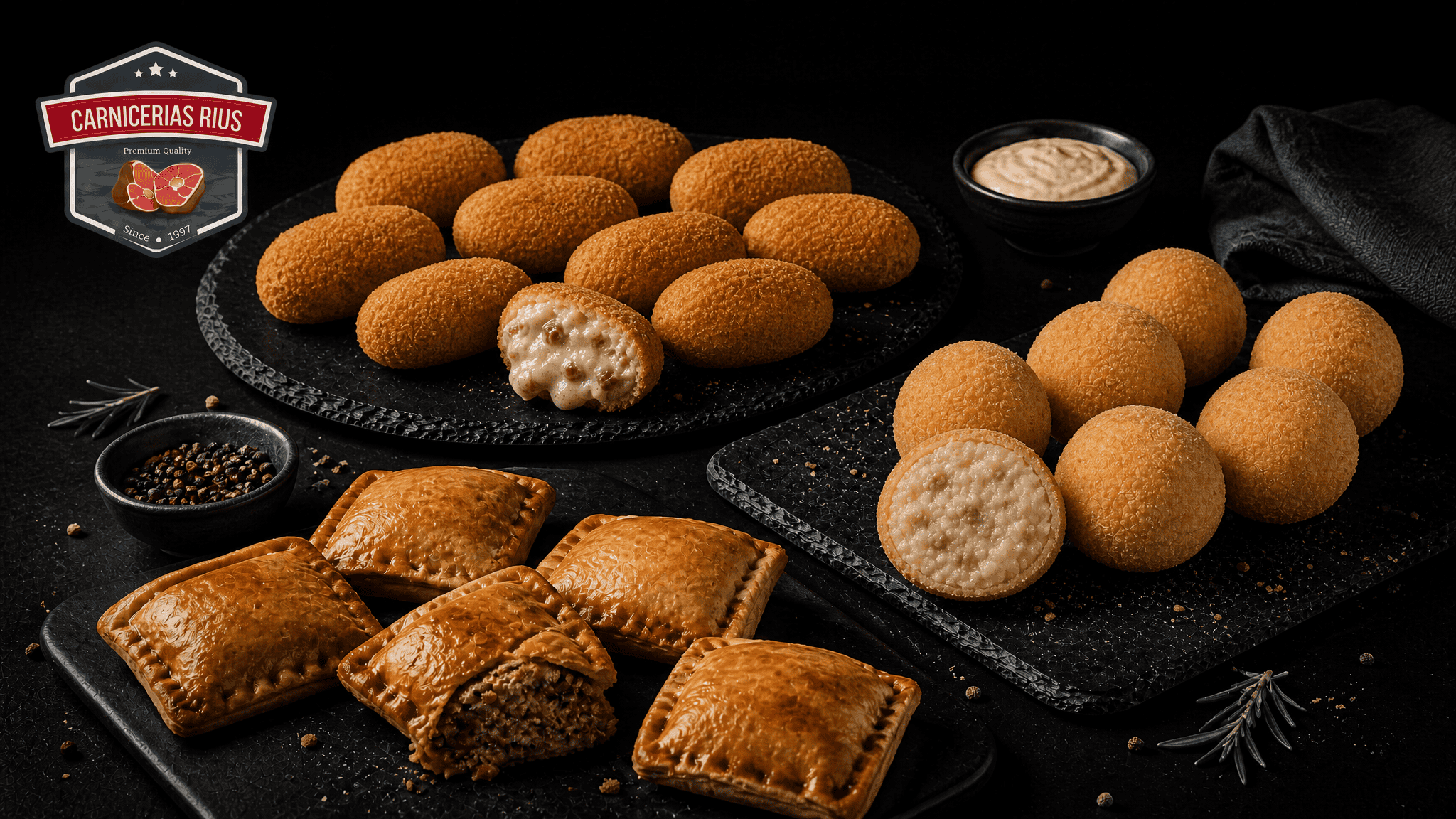 Mesa de picoteo con croquetas, bombas y empanadas caseras variadas