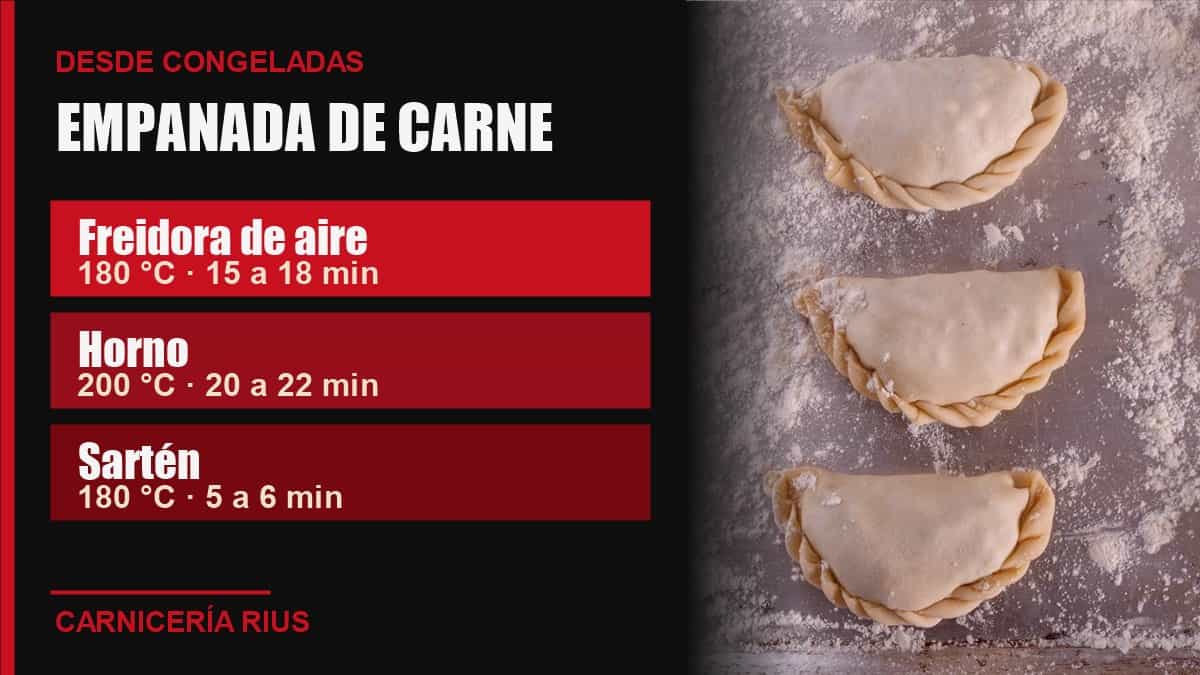 Tiempos y temperaturas para cocinar la empanada de carne desde congelada en freidora de aire, horno y sartén